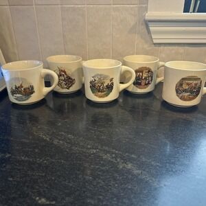 Set of 5 Collectors Ceramic Coffee Mugs Painted USA Patriotic Historical Scenes